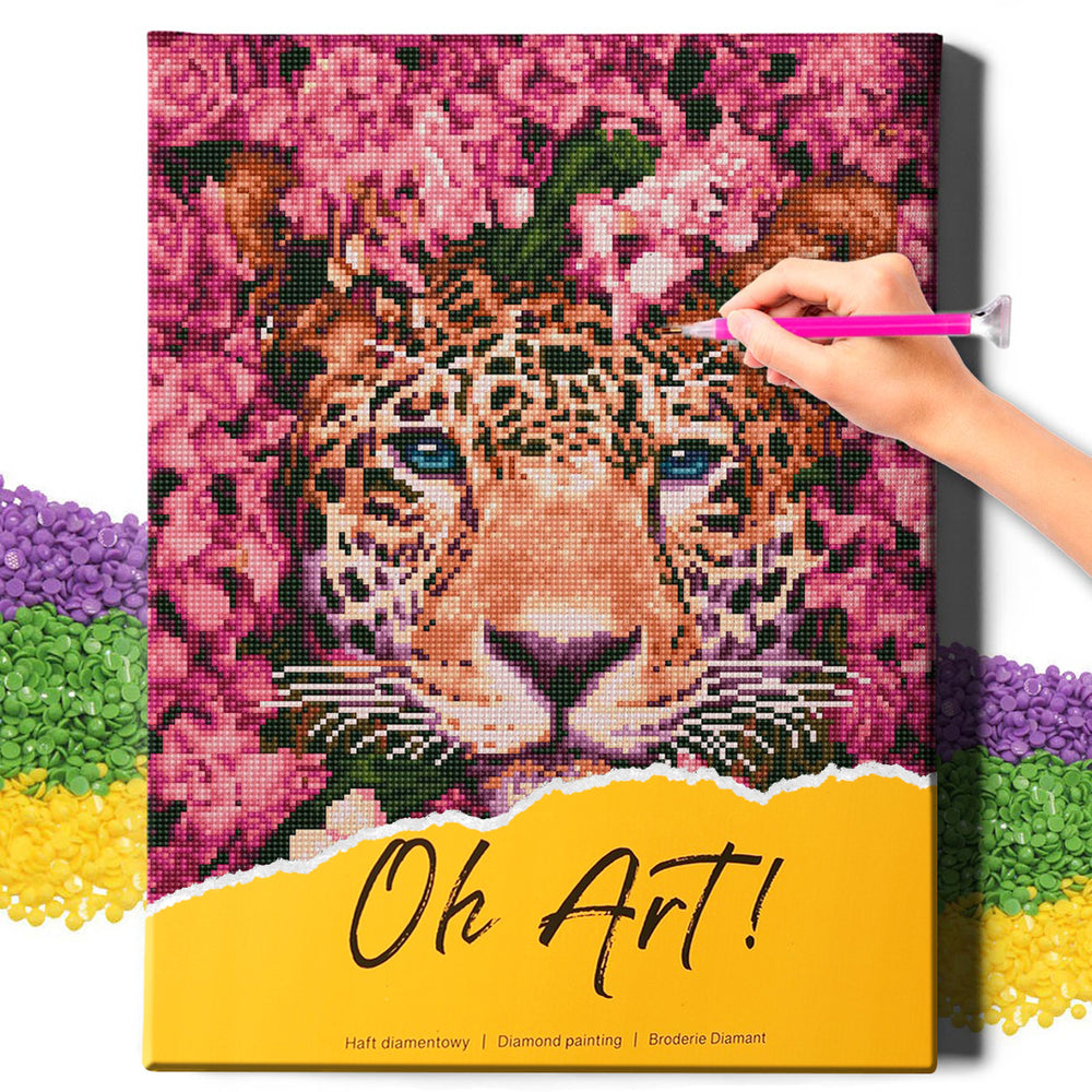 5D Diamond Painting Set 40x50 mit Rahmen – Leopard in den Blumen