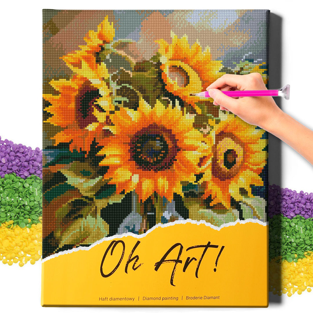 5D Diamond Painting Set 40x50 mit Rahmen – Sonnenblumen in einer Vase