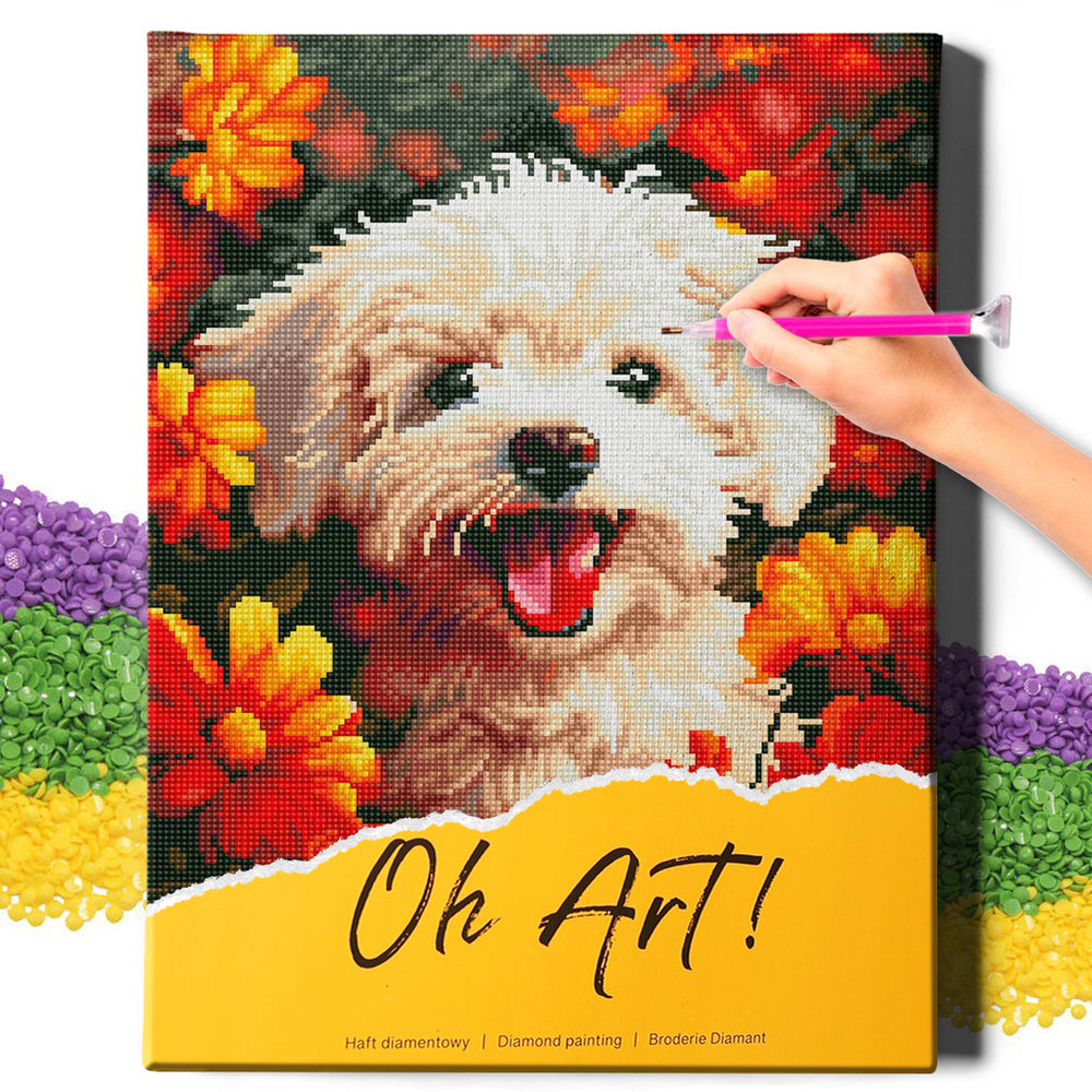 5D Diamond Painting Set 40x50 mit Rahmen – Welpe in den Blumen