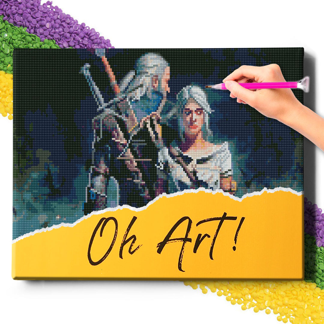 5D Diamond Painting Set 40x50 mit Rahmen – Hexer Geralt und Ciri