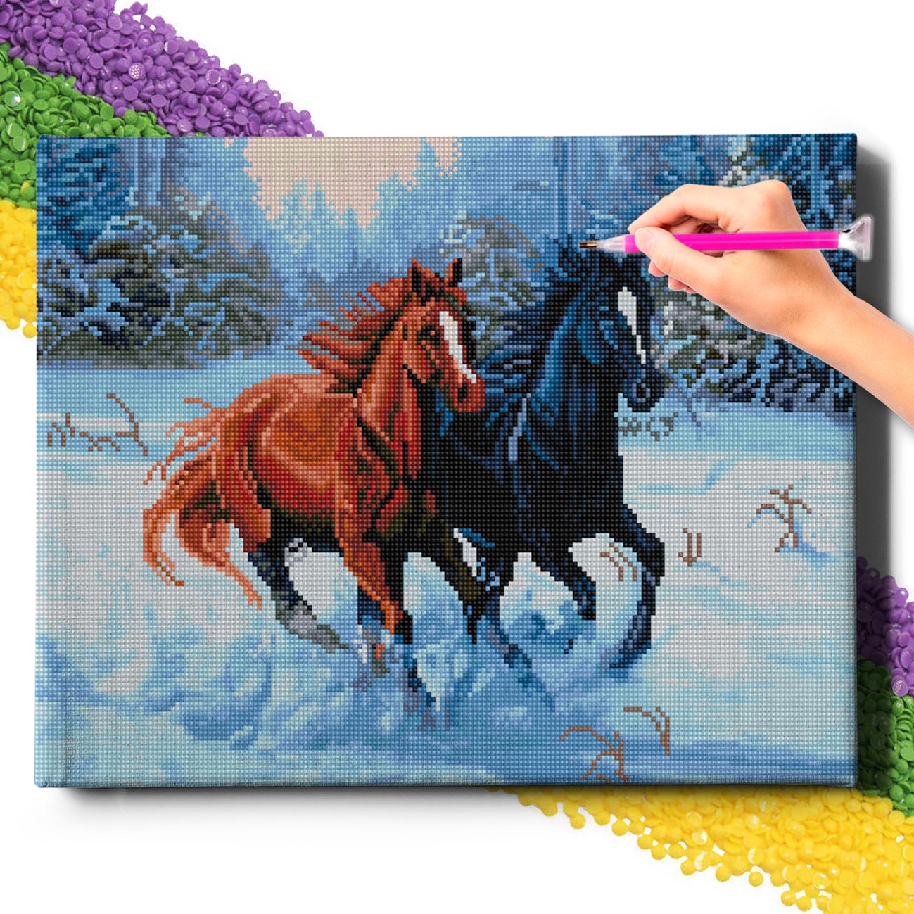 5D Diamond Painting Set 40x50 mit Rahmen – Pferde im Winter