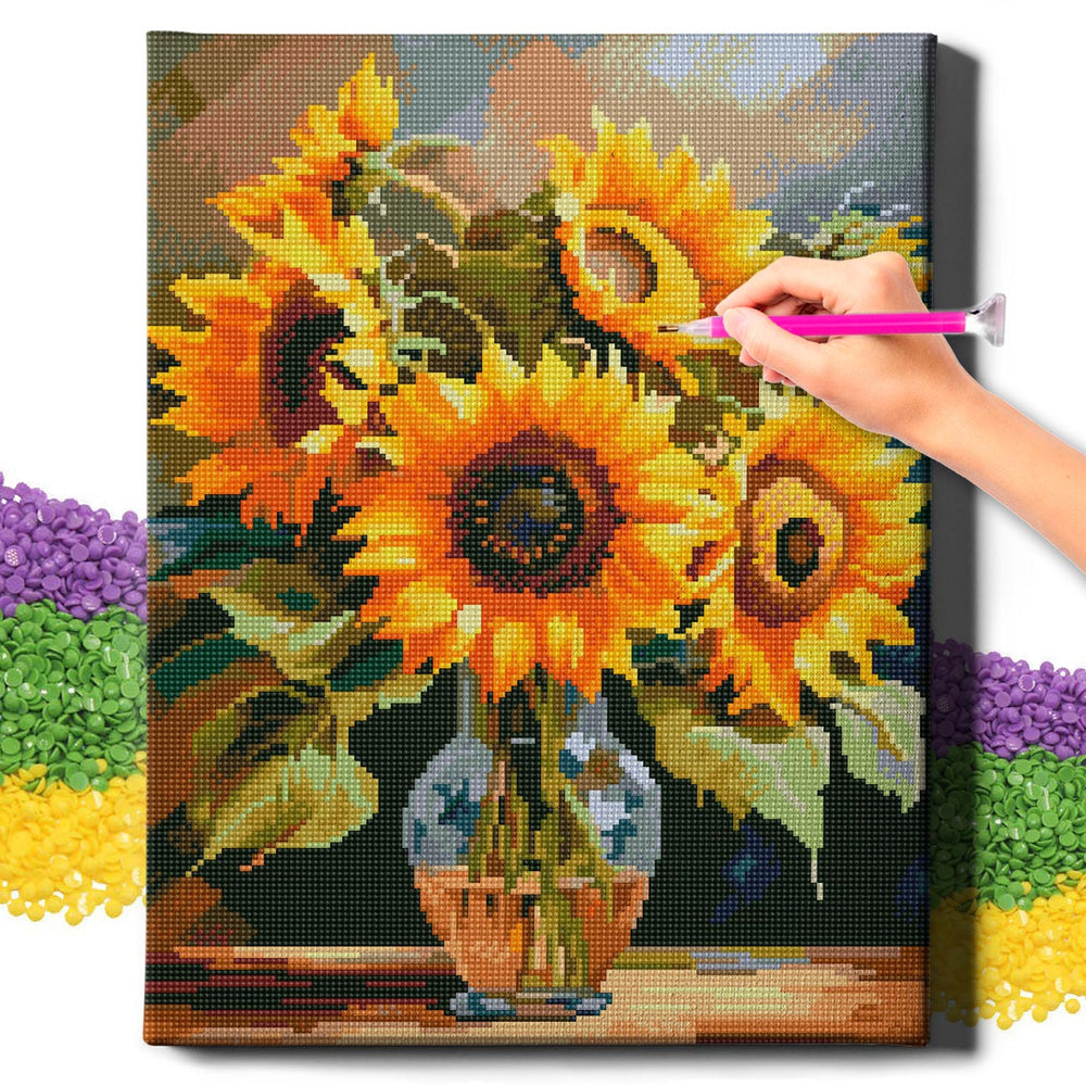 5D Diamond Painting Set 40x50 mit Rahmen – Sonnenblumen in einer Vase