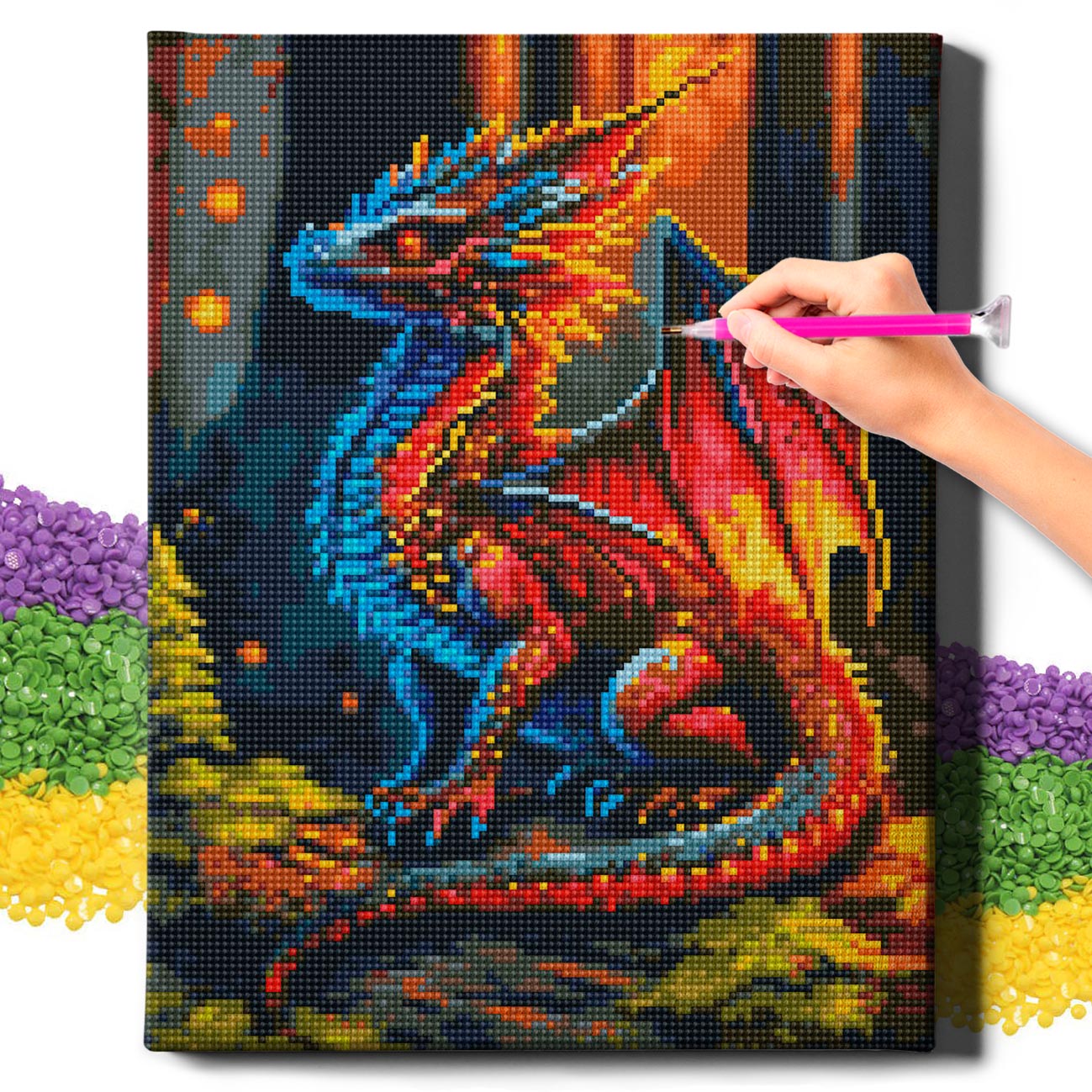 5D Diamond Painting Set 30x40 mit Rahmen – Drache im Wald