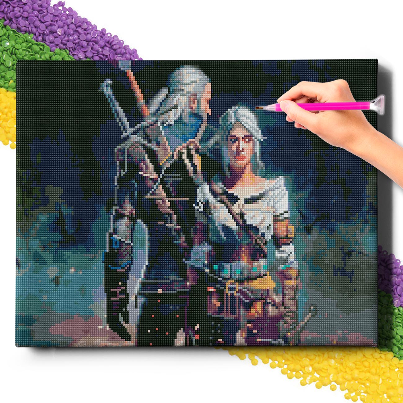 5D Diamond Painting Set 40x50 mit Rahmen – Hexer Geralt und Ciri